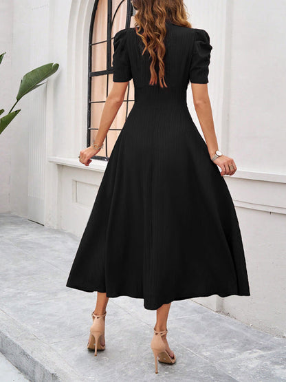 Women’s Midi Dress – V-Neck – Puff Sleeve – Fitted Waist – Lightweight A-Line
