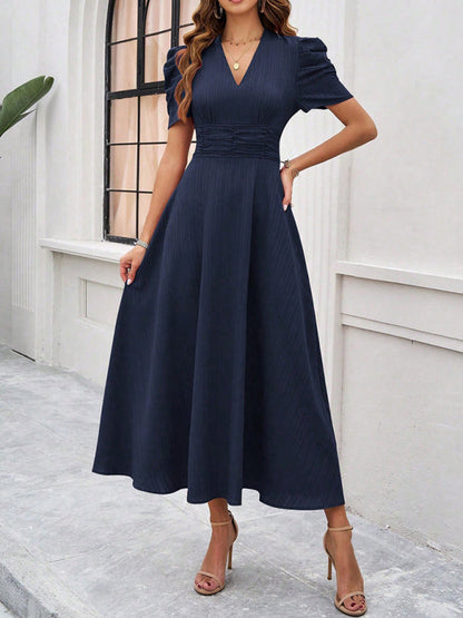 Women’s Midi Dress – V-Neck – Puff Sleeve – Fitted Waist – Lightweight A-Line
