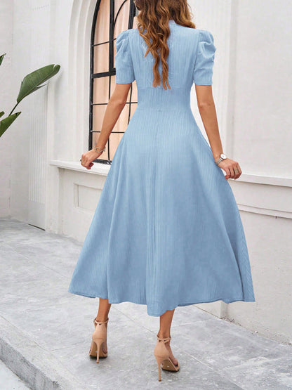 Women’s Midi Dress – V-Neck – Puff Sleeve – Fitted Waist – Lightweight A-Line
