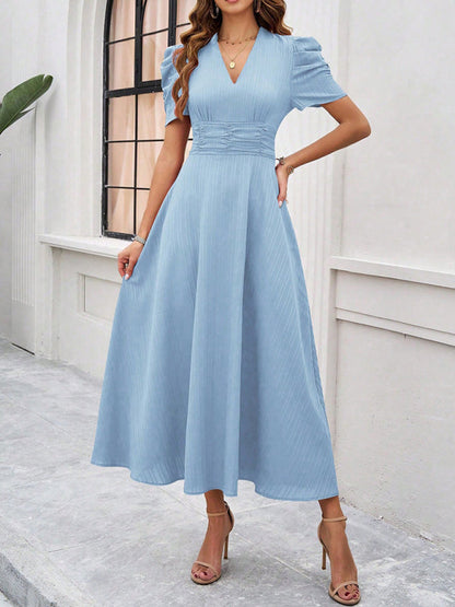 Women’s Midi Dress – V-Neck – Puff Sleeve – Fitted Waist – Lightweight A-Line