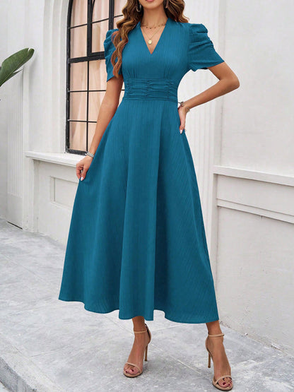 Women’s Midi Dress – V-Neck – Puff Sleeve – Fitted Waist – Lightweight A-Line