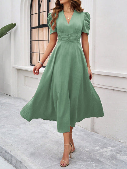 Women’s Midi Dress – V-Neck – Puff Sleeve – Fitted Waist – Lightweight A-Line