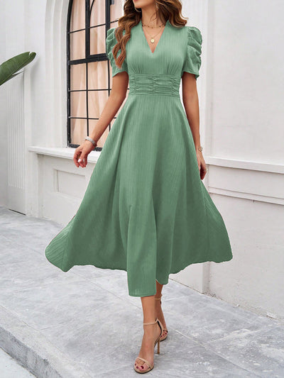 Women’s Midi Dress – V-Neck – Puff Sleeve – Fitted Waist – Lightweight A-Line