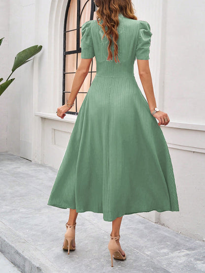 Women’s Midi Dress – V-Neck – Puff Sleeve – Fitted Waist – Lightweight A-Line