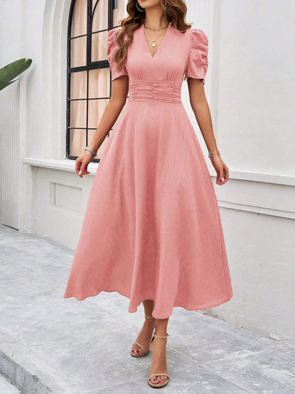 Women’s Midi Dress – V-Neck – Puff Sleeve – Fitted Waist – Lightweight A-Line