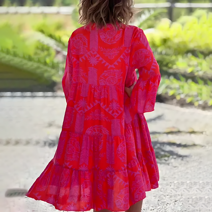 Women’s Midi Dress – Relaxed Fit – V-Neck – Printed – Three-Quarter Sleeve – Breathable Blend