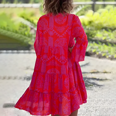 Women’s Midi Dress – Relaxed Fit – V-Neck – Printed – Three-Quarter Sleeve – Breathable Blend