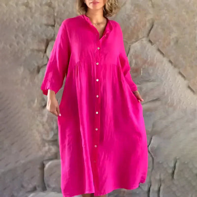 Women's Button-Down Shirt Dress - Relaxed Fit - Long Sleeve Midi Length - Versatile Style