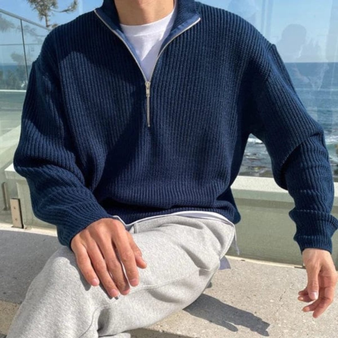 Men’s Half Zip Sweater – Ribbed Texture – Relaxed Fit – Casual Layer