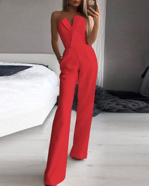 Women's Jumpsuit - Strapless Off-Shoulder - Wide-Leg Elegant Formal Wear - With Pockets