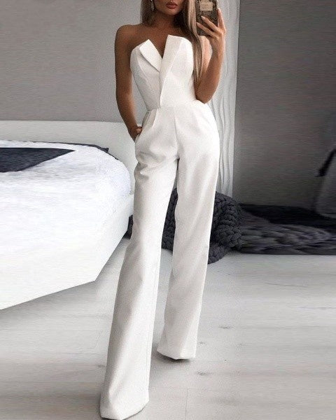Women's Jumpsuit - Strapless Off-Shoulder - Wide-Leg Elegant Formal Wear - With Pockets