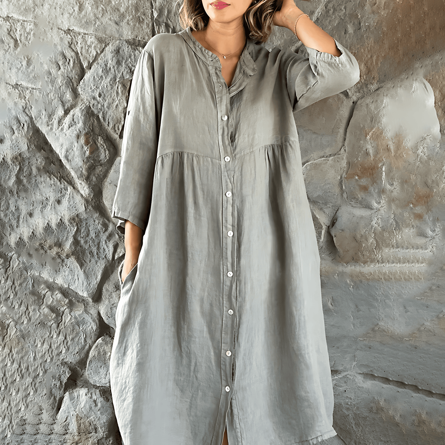 Women's Shirt Dress - Midi Length - 3/4 Sleeve Button-Up - Relaxed Fit - Lightweight Fabric