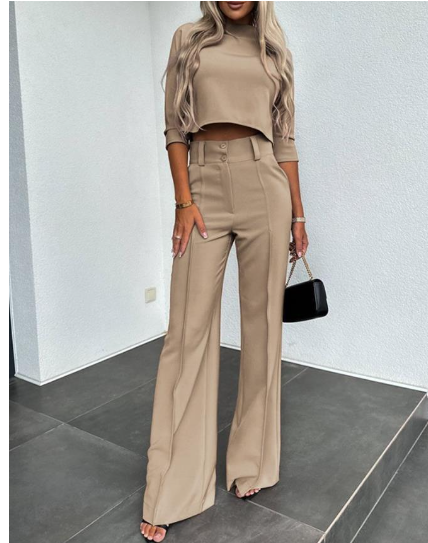 Women's Two-Piece Outfit - Cropped Long-Sleeve Top & High-Waisted Wide-Leg Trousers