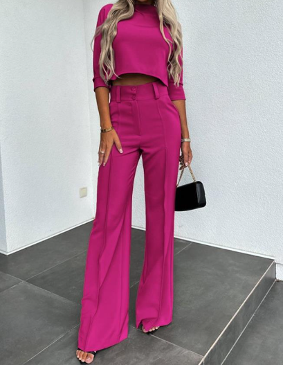 Women's Two-Piece Outfit - Cropped Long-Sleeve Top & High-Waisted Wide-Leg Trousers