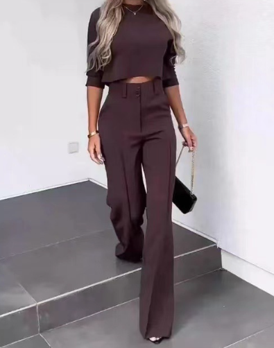 Women's Two-Piece Outfit - Cropped Long-Sleeve Top & High-Waisted Wide-Leg Trousers