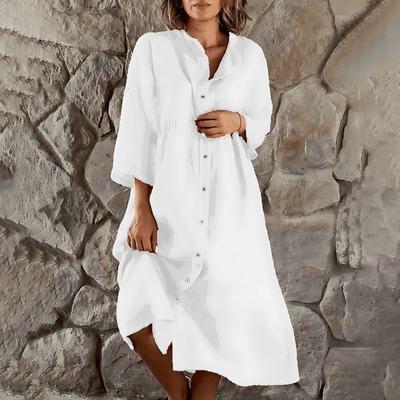 Women's Button-Down Midi Dress - Relaxed Fit - Long Sleeve - Flowing Silhouette