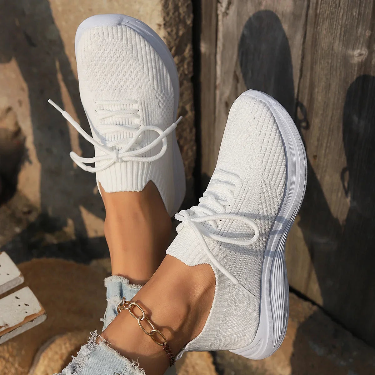 Women's Knitted Sneakers - Slip-On Lace-Up - Breathable Lightweight Casual Wear