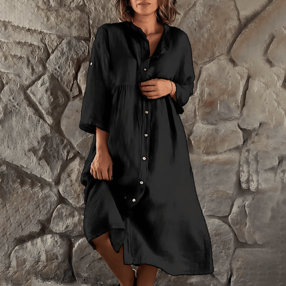 Women's Shirt Dress - Midi Length - 3/4 Sleeve Button-Up - Relaxed Fit - Lightweight Fabric