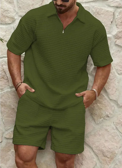 Men’s Short Set – Relaxed Fit – Soft Textured Fabric – Half Zip Top – Elastic Waistband