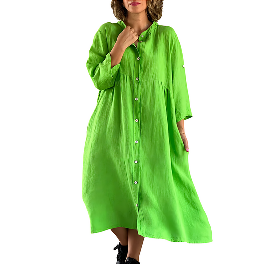 Women's Shirt Dress - Midi Length - 3/4 Sleeve Button-Up - Relaxed Fit - Lightweight Fabric
