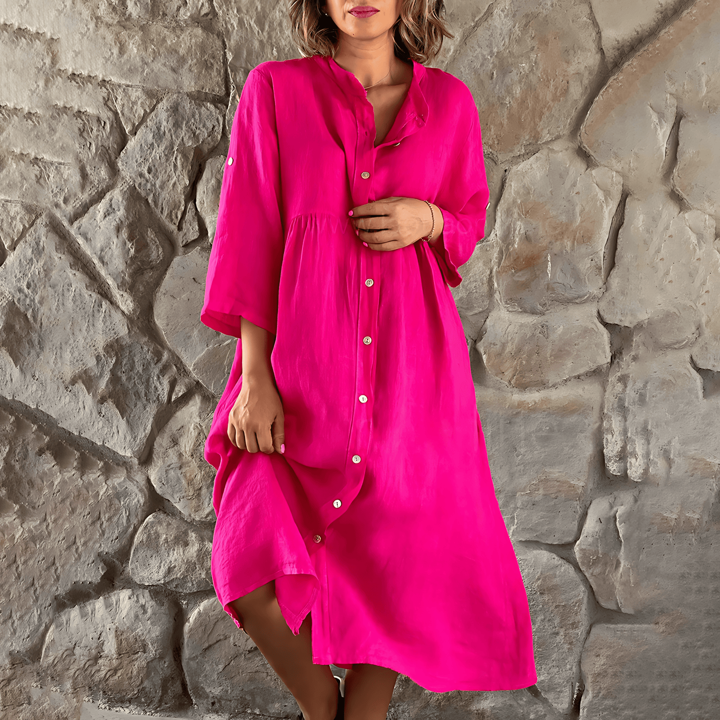 Women's Shirt Dress - Midi Length - 3/4 Sleeve Button-Up - Relaxed Fit - Lightweight Fabric