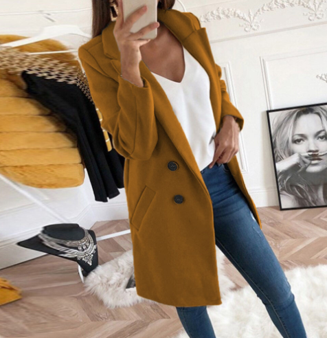 Women's double breasted wool coat with lapel collar