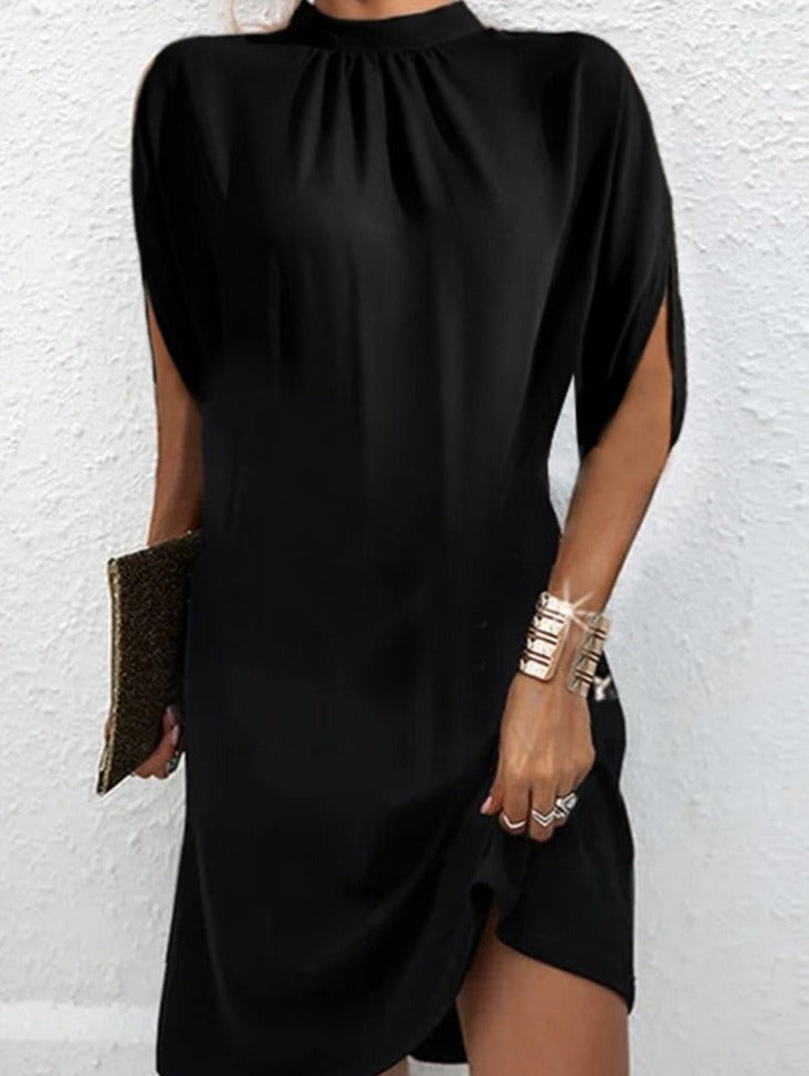 Women's Knee-Length Dress - Silky Smooth Fabric - High Neck - Slit Short Sleeves