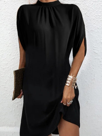 Women's Knee-Length Dress - Silky Smooth Fabric - High Neck - Slit Short Sleeves