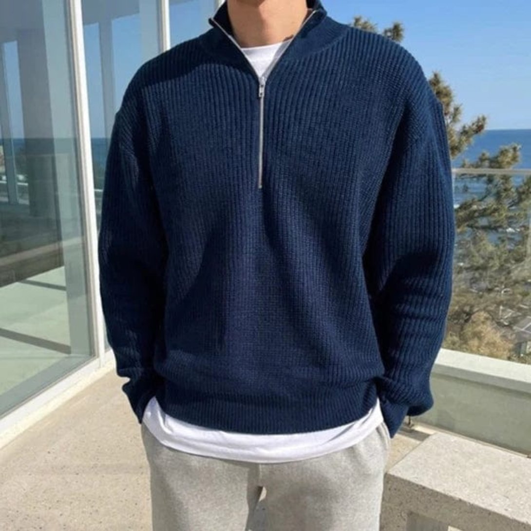 Men’s Half Zip Sweater – Ribbed Texture – Relaxed Fit – Casual Layer