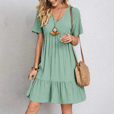 Women's Casual Dress - V-Neck - Short Sleeve - Ruffled Hem - Loose Fit - Knee Length