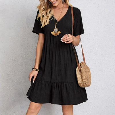 Women's Casual Dress - V-Neck - Short Sleeve - Ruffled Hem - Loose Fit - Knee Length