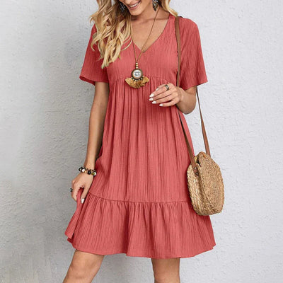 Women's Casual Dress - V-Neck - Short Sleeve - Ruffled Hem - Loose Fit - Knee Length