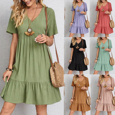Women's Casual Dress - V-Neck - Short Sleeve - Ruffled Hem - Loose Fit - Knee Length