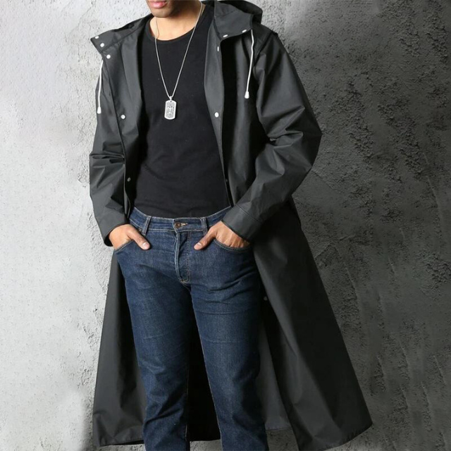 Men's long black water-resistant hooded coat