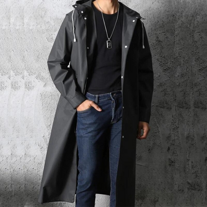 Men's long black water-resistant hooded coat