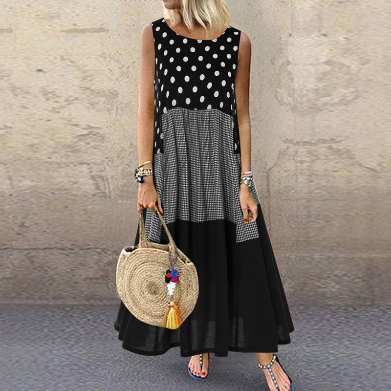 Women’s Maxi Dress – A-Line Fit – Sleeveless – Cotton – Mixed Polka Dot & Check