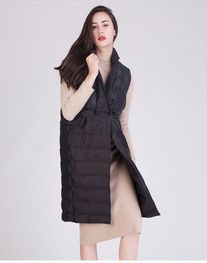 Women’s Quilted Vest – Slim Fit – Duck Down Padded – Sleeveless Knee-Length Outerwear
