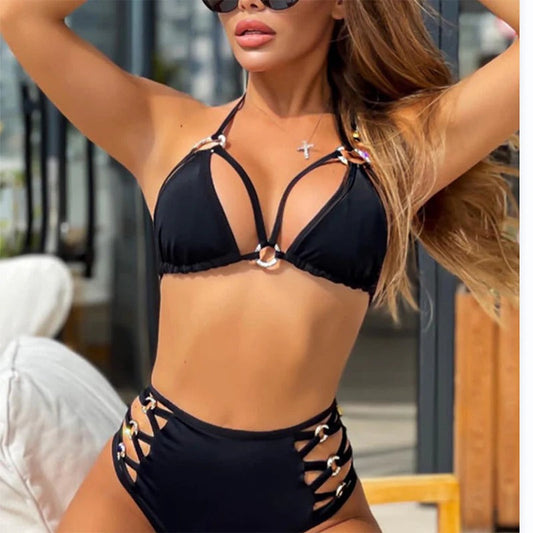 Women’s Bikini Set – Triangle Top – High Waist – Buckle Detail – Breathable Blend