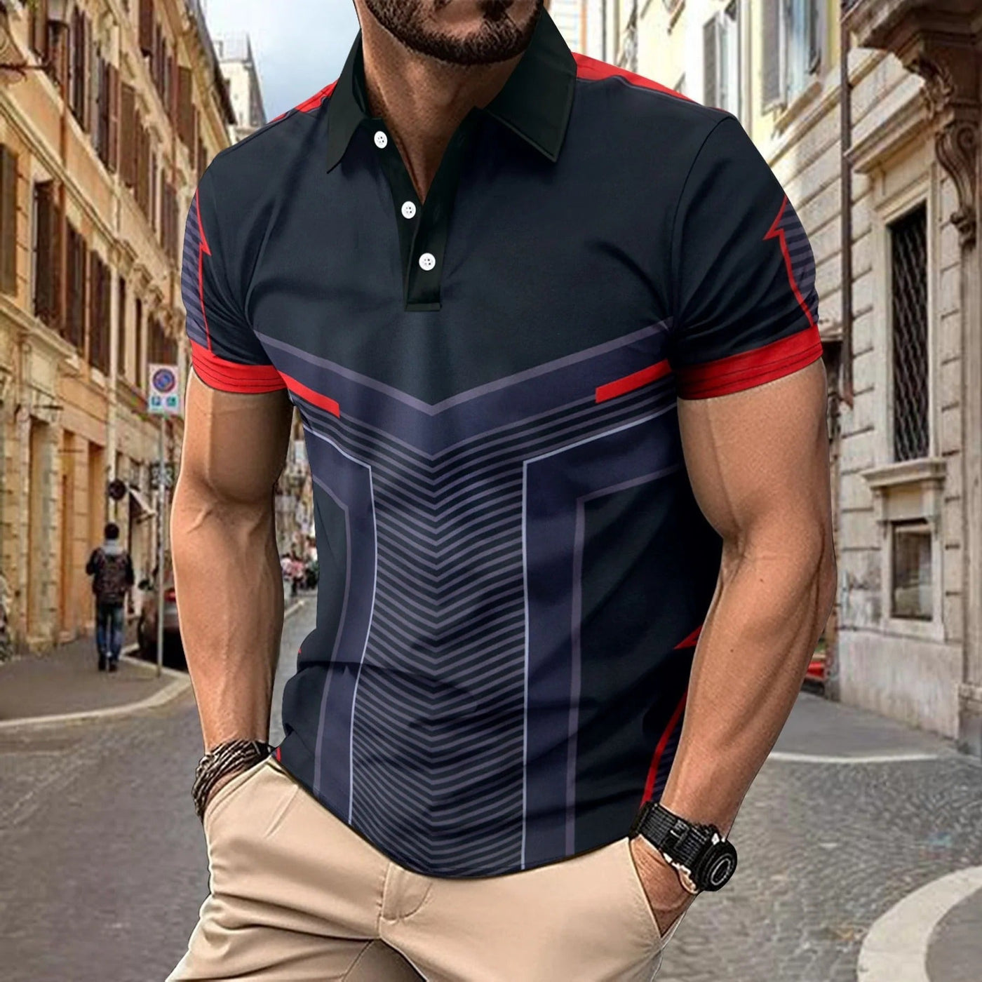 Men’s Polo Shirt – Slim Fit – Knit – Geometric Pattern – Short Sleeve
