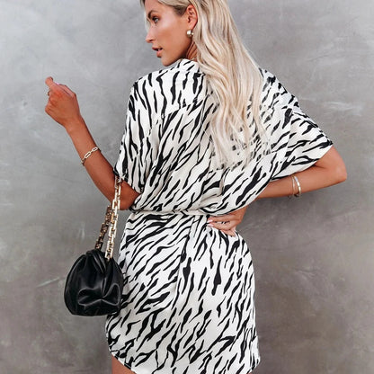 Women’s Wrap Dress – Cotton – Relaxed Fit – Short Sleeve – Mini Length – Animal Print