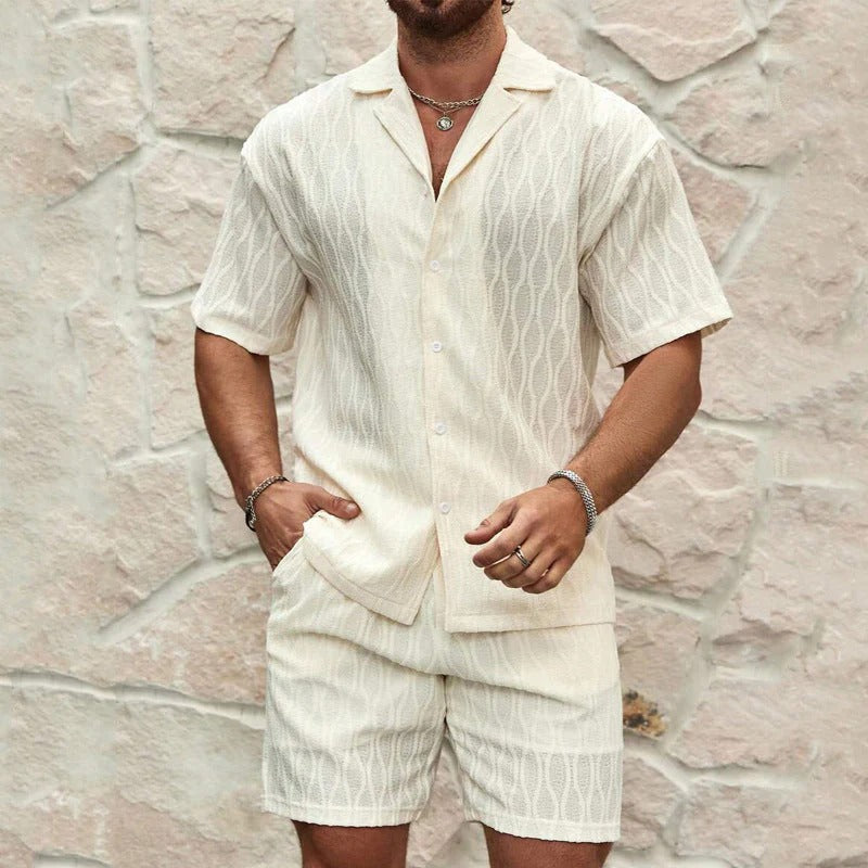 Men’s Shirt and Shorts Set – Relaxed Fit – Cotton Blend – Button Down – Elastic Waist