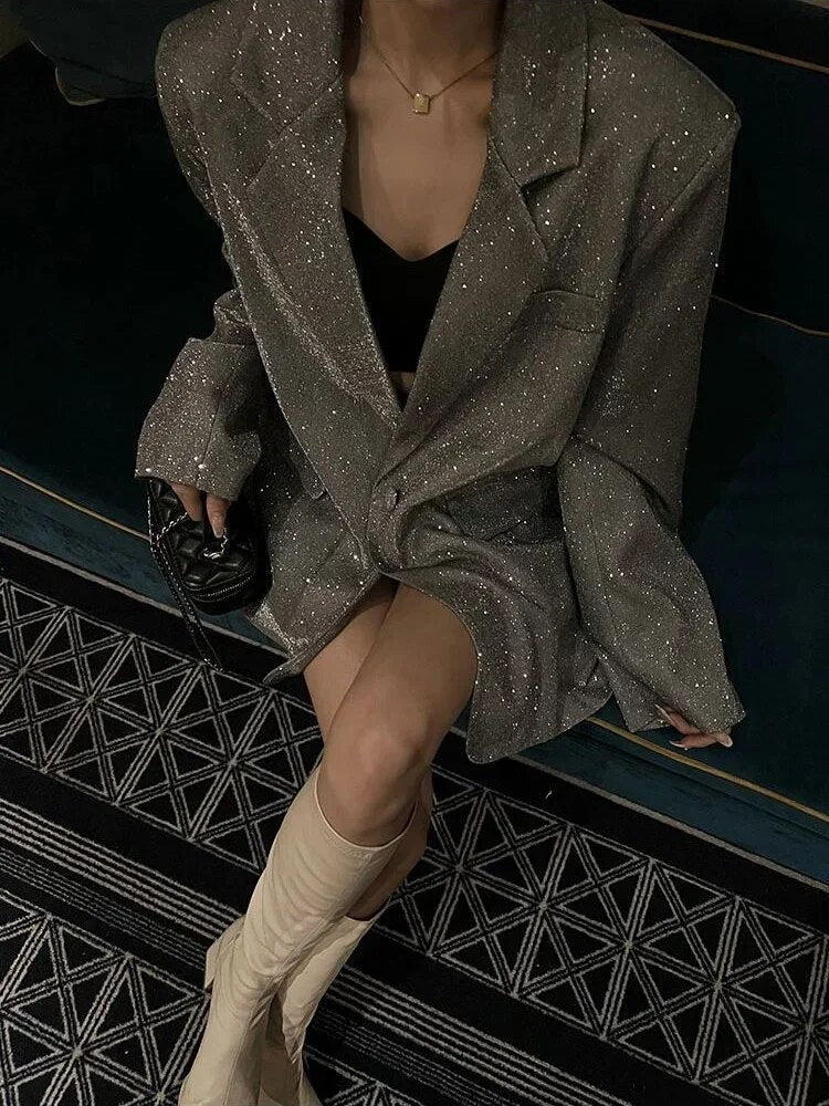 Women’s Blazer – Oversized Fit – Glitter Woven Texture – Structured Shoulders – Long Length