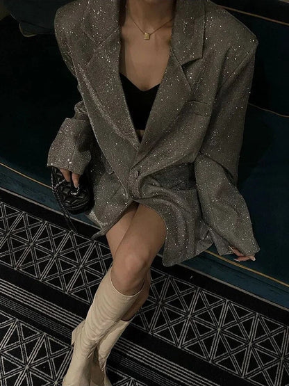 Women’s Blazer – Oversized Fit – Glitter Woven Texture – Structured Shoulders – Long Length