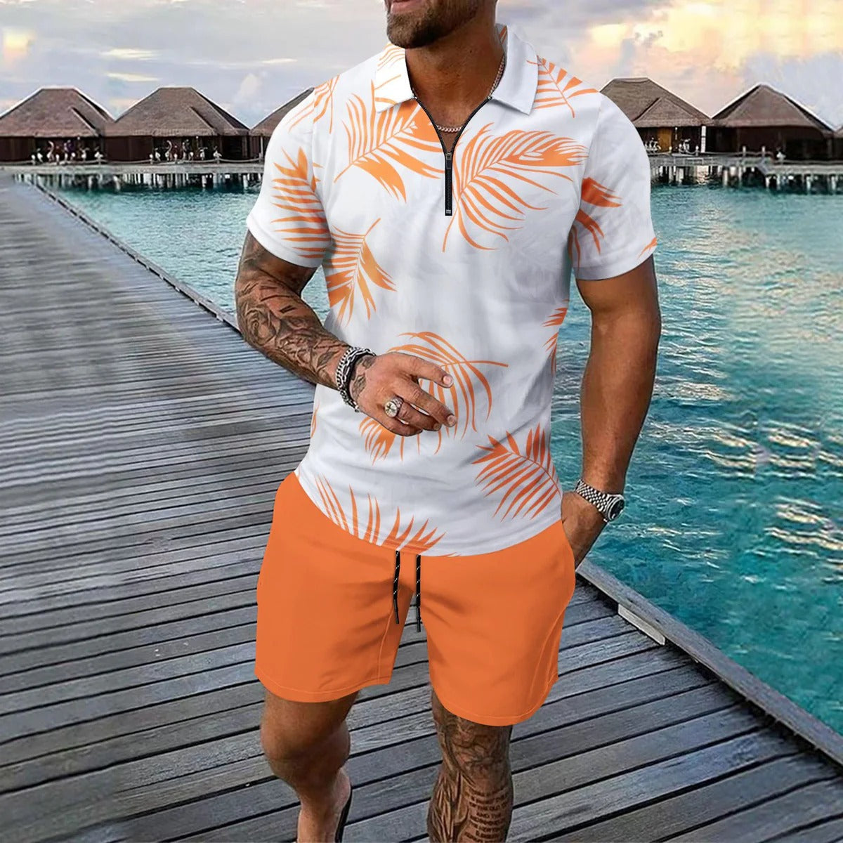 Men’s Polo Shirt and Short Set – Slim Fit – Zip Neck – Tropical Print