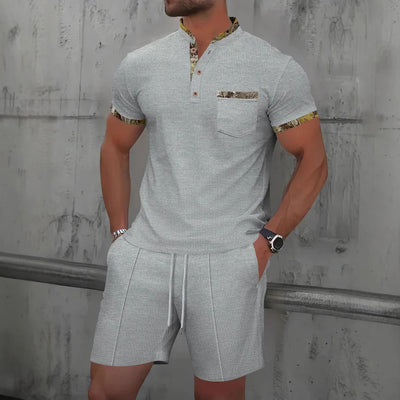 Men’s Casual Set – Slim Fit – Cotton – Button Placket – Patterned Trim – Drawstring Shorts