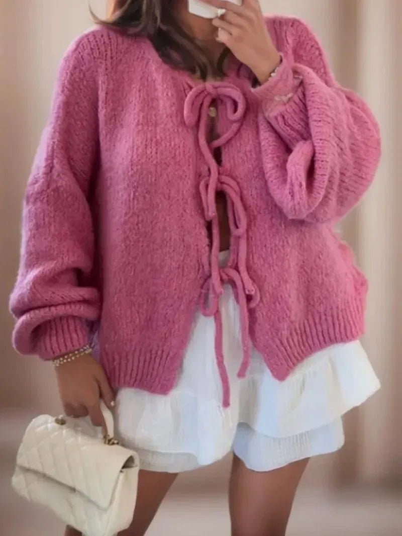 Women’s Cardigan – Wool Knit – Oversized Fit – Balloon Sleeves – Tie Front Boho Style
