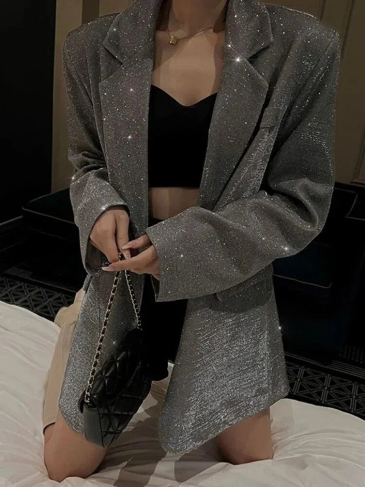 Women’s Blazer – Oversized Fit – Glitter Woven Texture – Structured Shoulders – Long Length