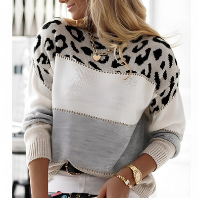 Women’s Sweatshirt – Relaxed Fit Knit – Animal Print – Color Block – Long Sleeve Casual