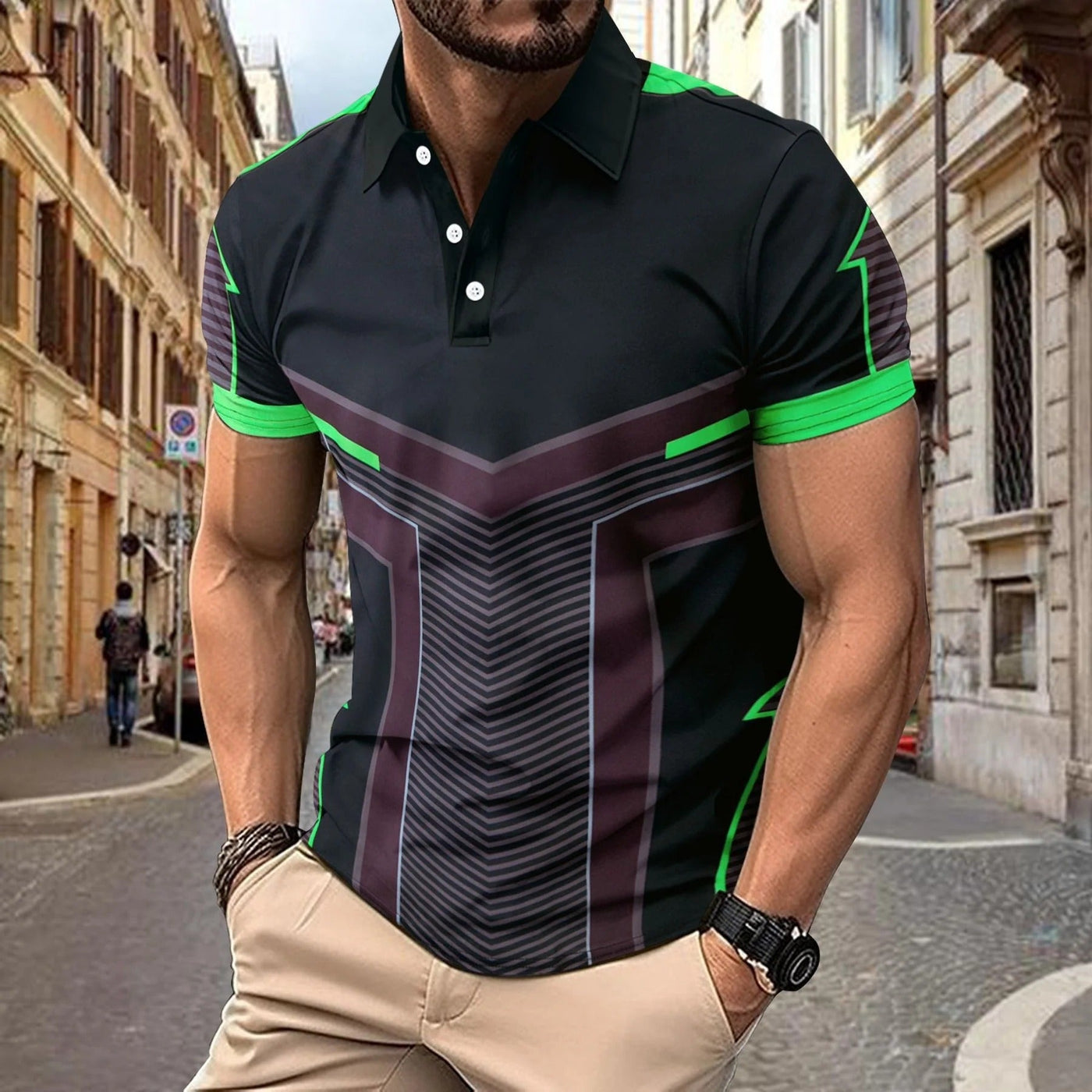 Men’s Polo Shirt – Slim Fit – Knit – Geometric Pattern – Short Sleeve