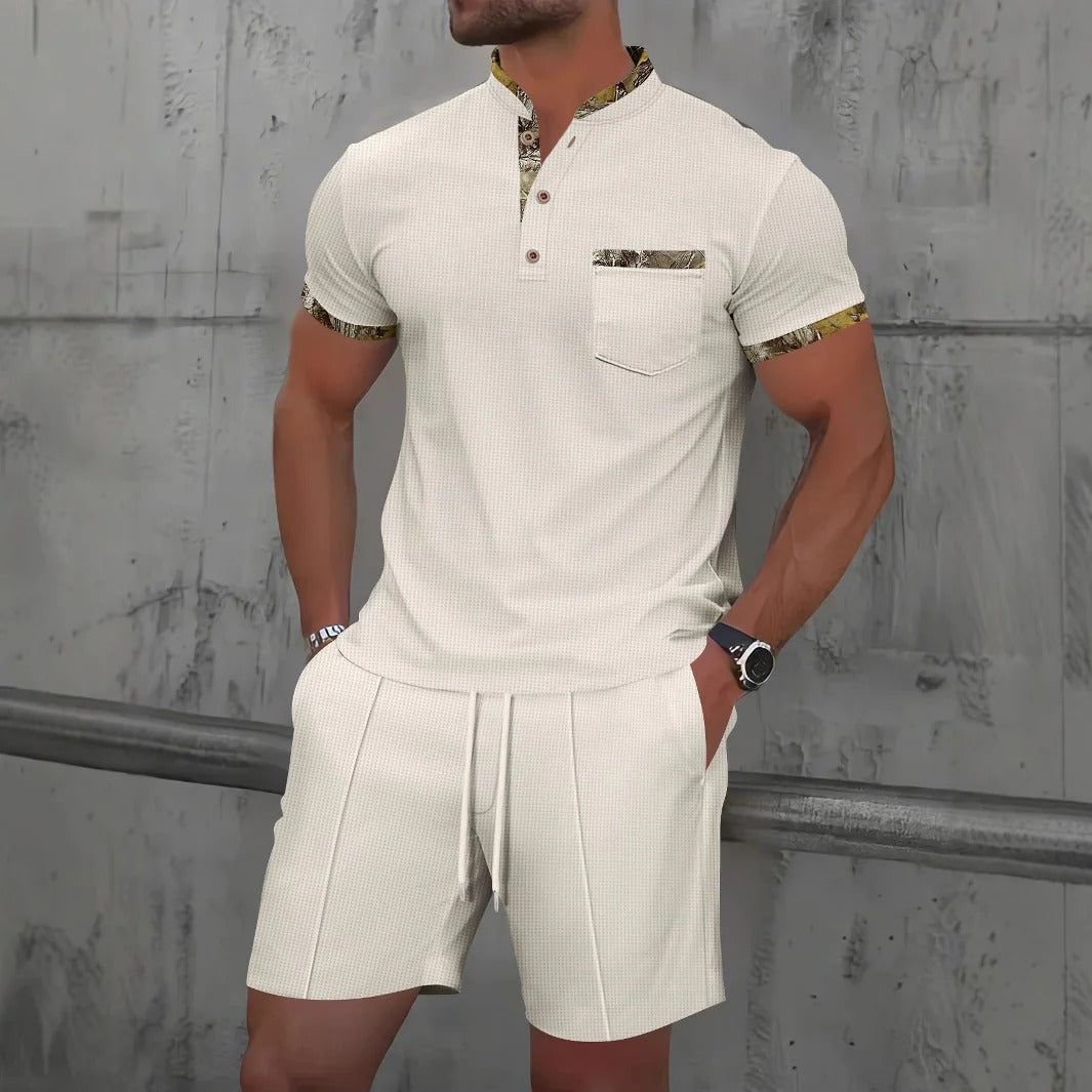 Men’s Casual Set – Slim Fit – Cotton – Button Placket – Patterned Trim – Drawstring Shorts